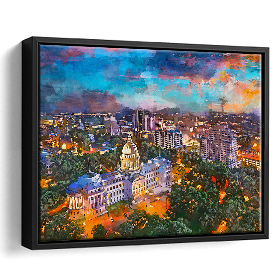 Jackson Mississippi Usa Skyline Over Capitol City Art Watercolor Framed Canvas Prints Wall Art Home Decor,Floating Frame