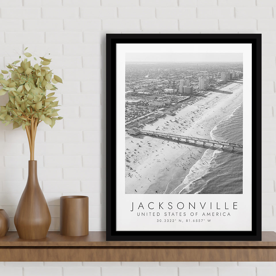 Jacksonville Usa Black And White Art Framed Canvas Prints Wall Art Home Decor, Floating Frame