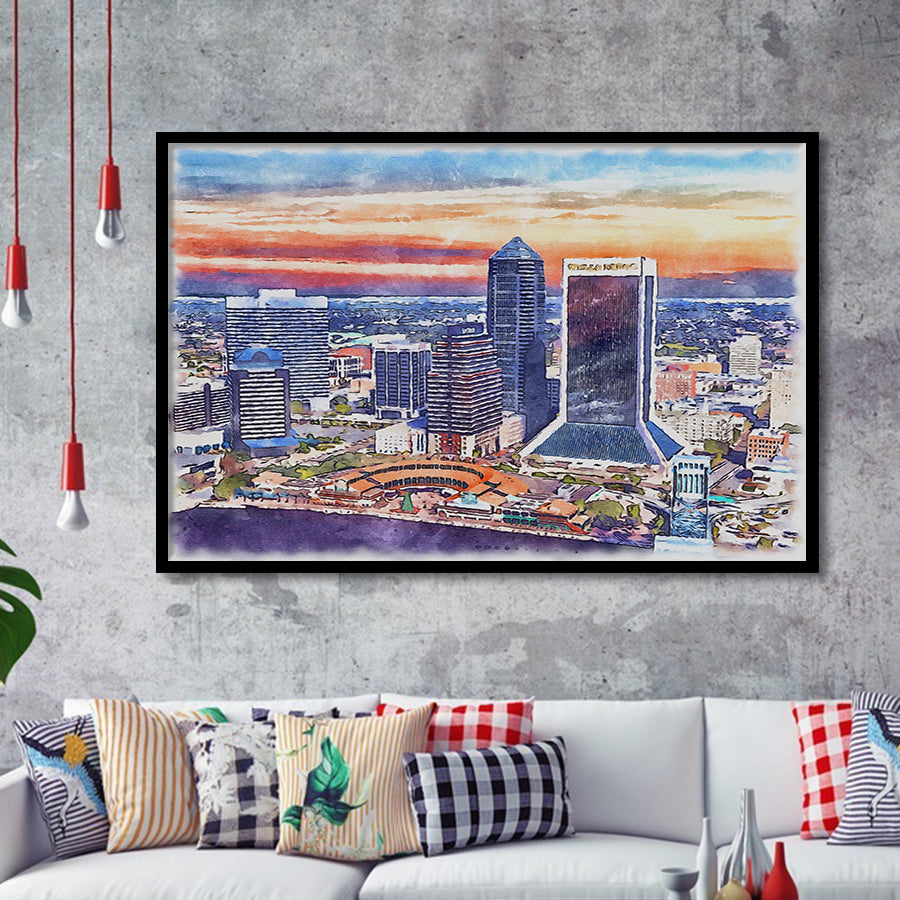 Jacksonville Watercolor Jacksonville Florida, Sport Prints Fan Gift, Framed Art Prints Wall Art Decor