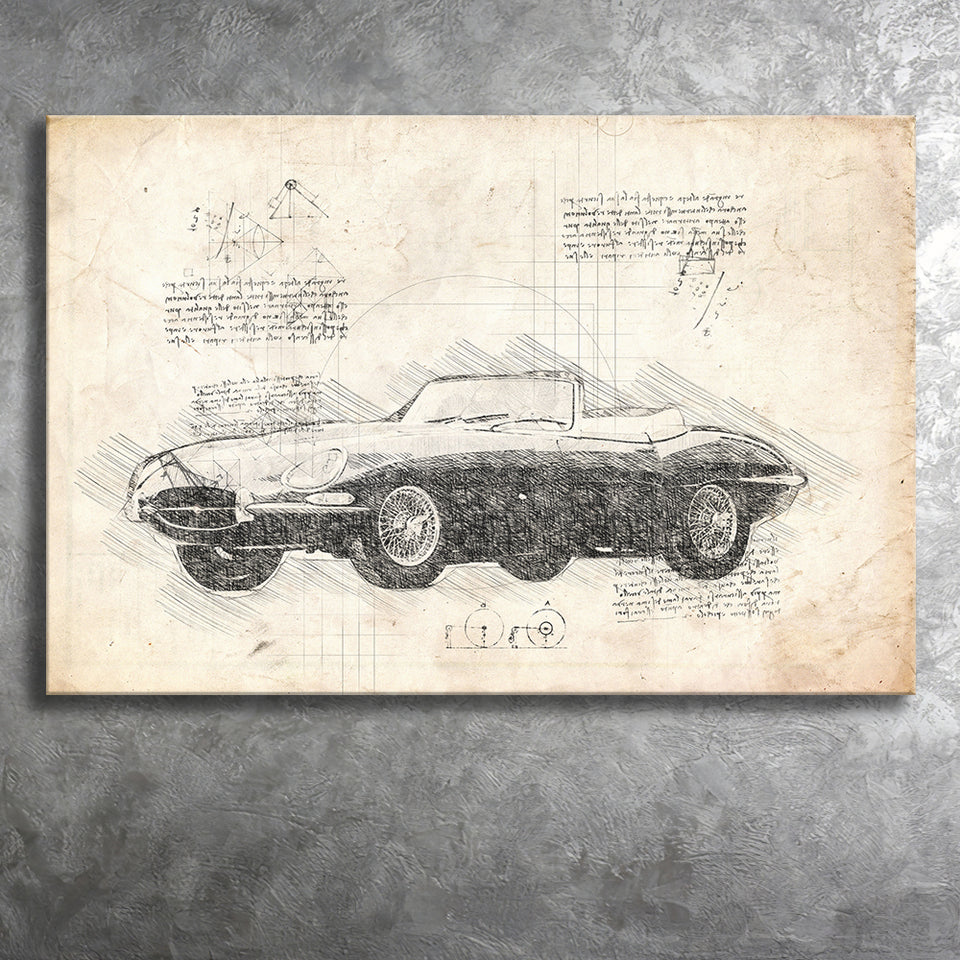 Jaguar E Type Da Vinci Style Canvas Prints - Painting Canvas, Wall Art,Old Car, Prints for Sale,Wal Decor, Home Decor