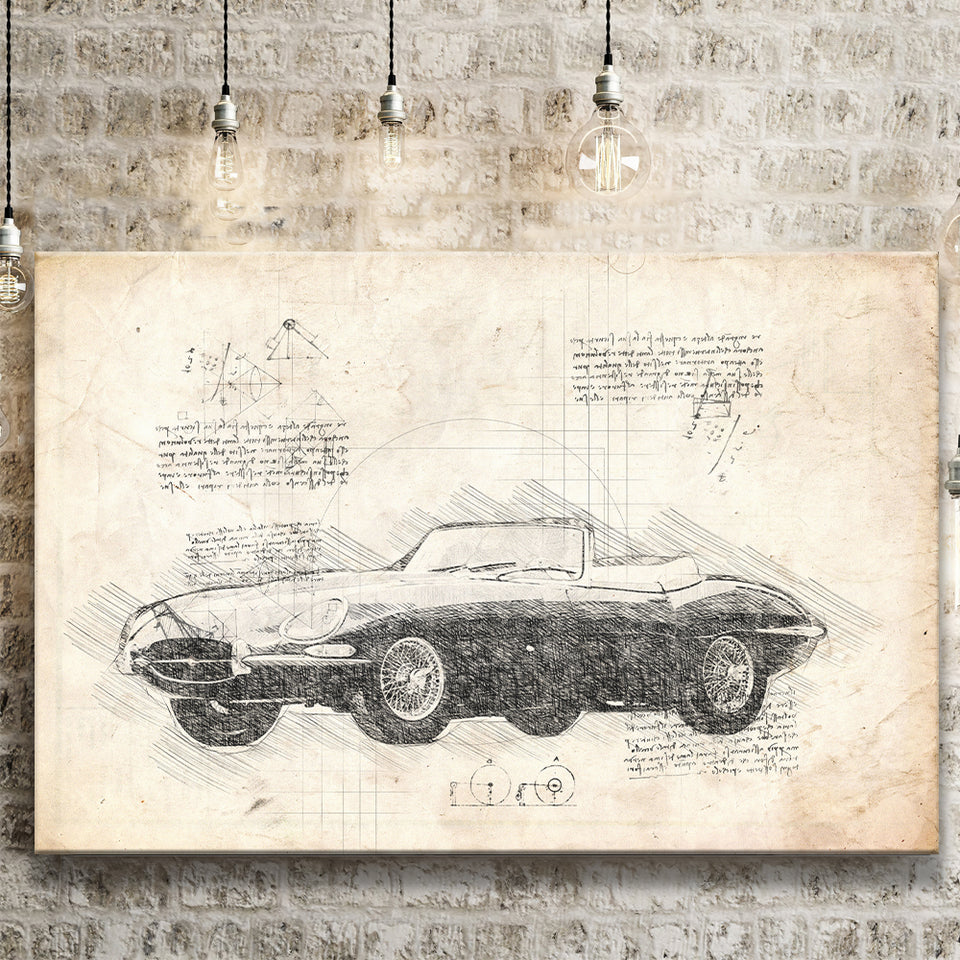 Jaguar E Type Da Vinci Style Canvas Prints - Painting Canvas, Wall Art,Old Car, Prints for Sale,Wal Decor, Home Decor