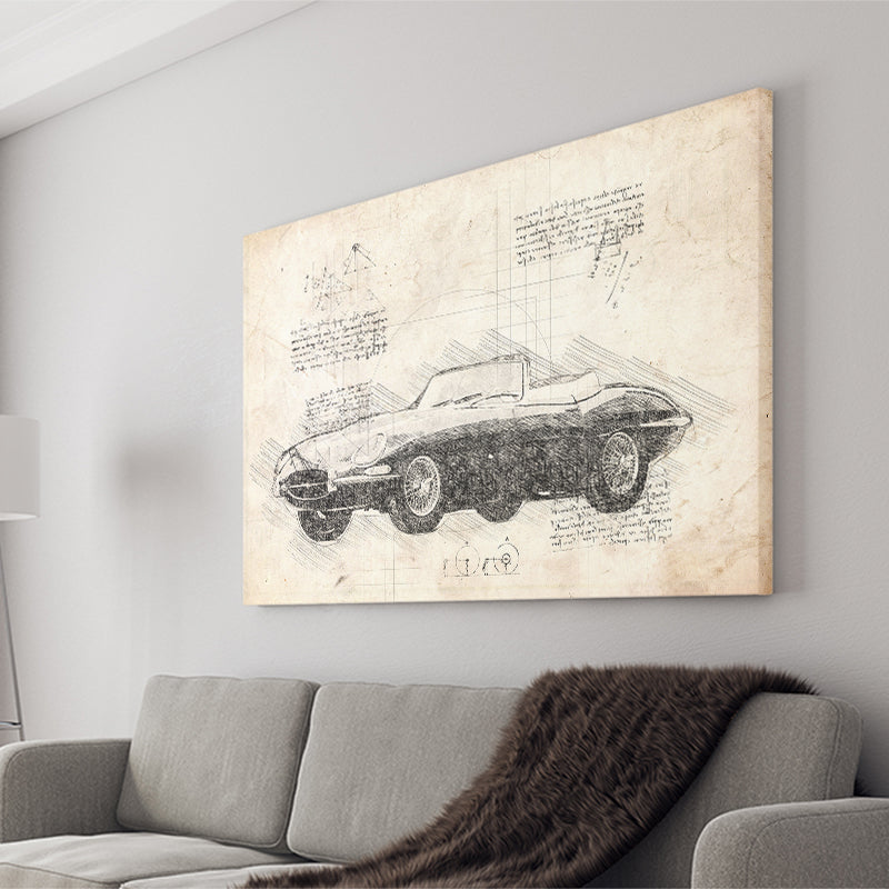 Jaguar E Type Da Vinci Style Canvas Prints - Painting Canvas, Wall Art,Old Car, Prints for Sale,Wal Decor, Home Decor