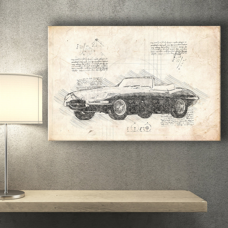 Jaguar E Type Da Vinci Style Canvas Prints - Painting Canvas, Wall Art,Old Car, Prints for Sale,Wal Decor, Home Decor