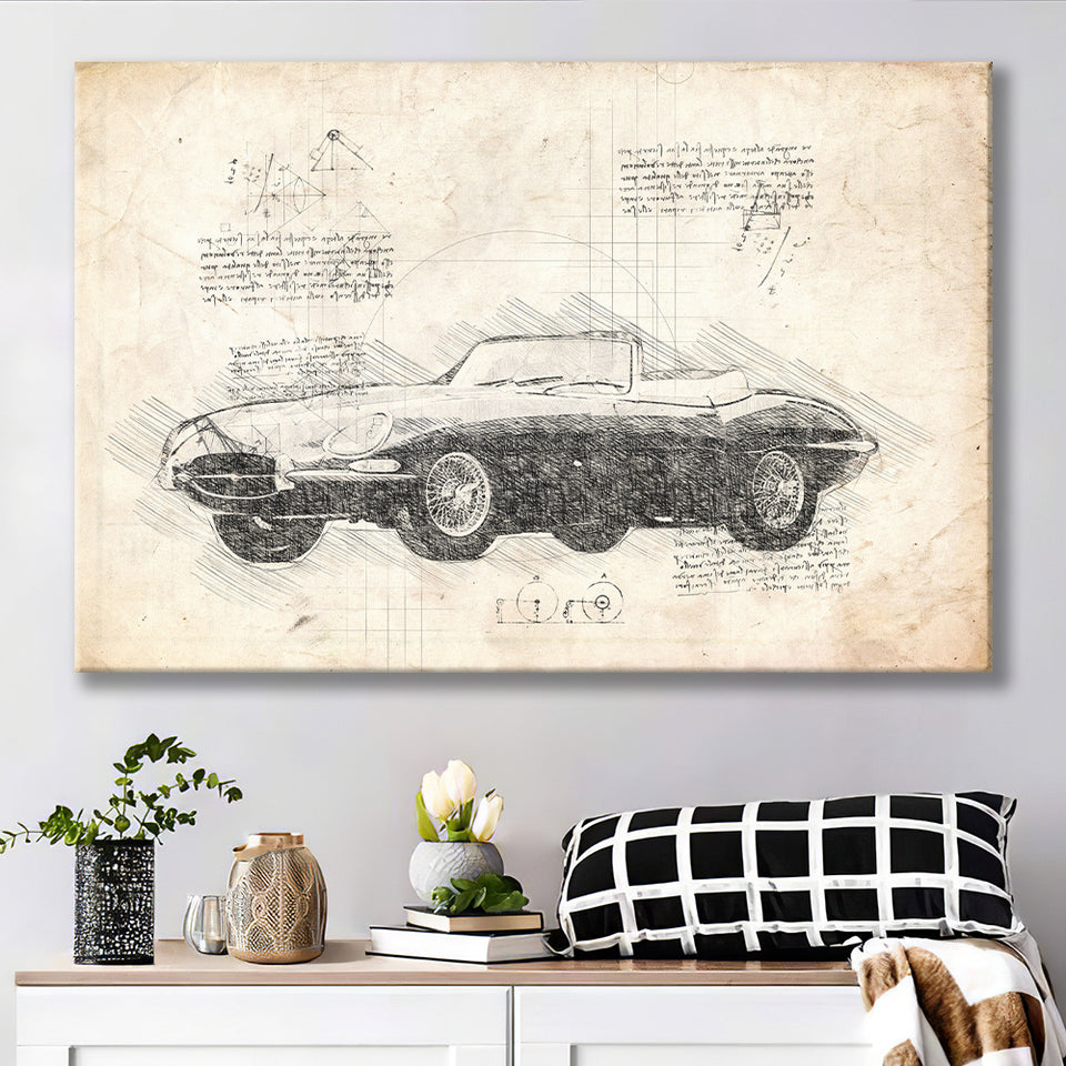 Jaguar E Type Da Vinci Style Canvas Prints - Painting Canvas, Wall Art,Old Car, Prints for Sale,Wal Decor, Home Decor