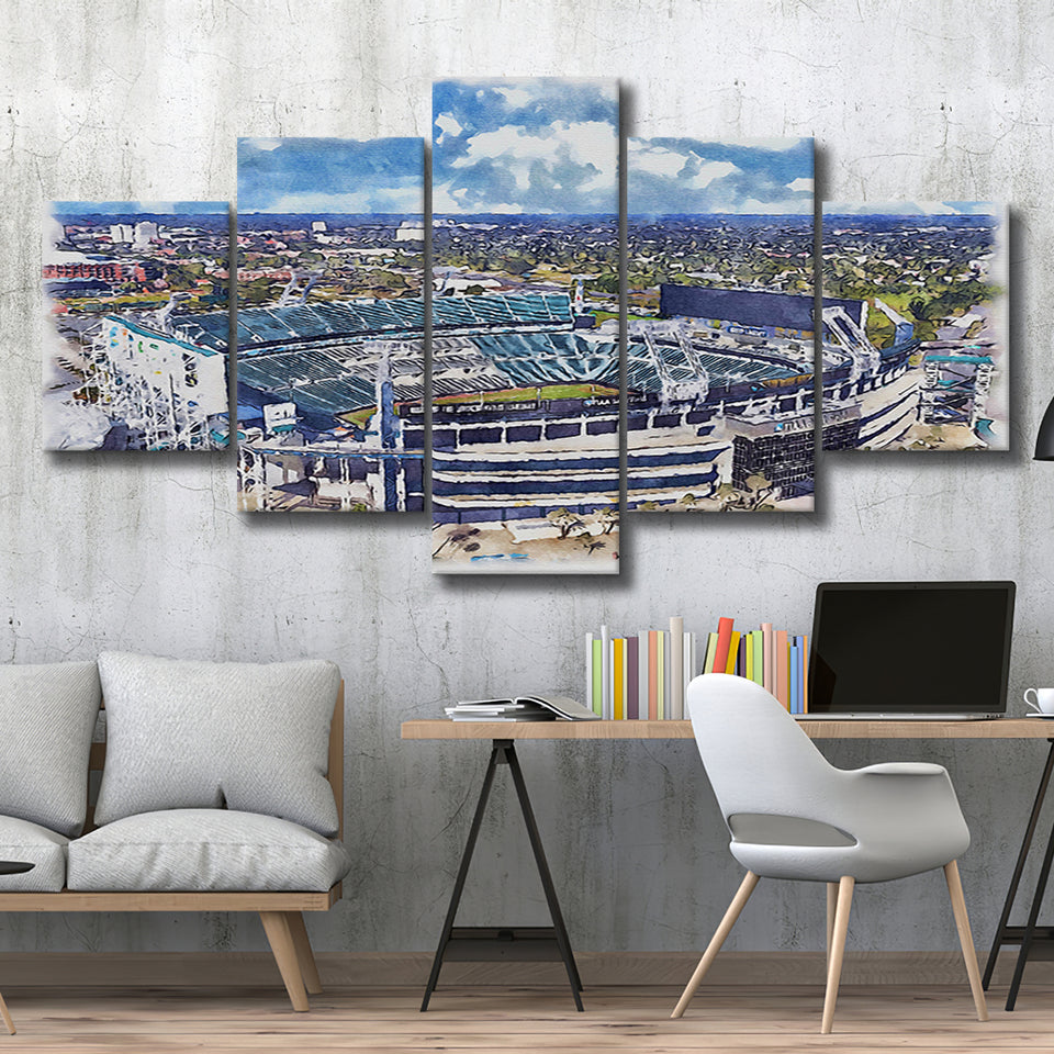 Jaguars Football Stadium TIAA Bank Field Watercolor, 5 Pieces, Multi Panel Canvas Prints Wall Art Decor