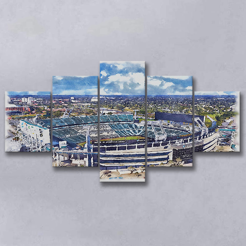 Jaguars Football Stadium TIAA Bank Field Watercolor, 5 Pieces, Multi Panel Canvas Prints Wall Art Decor