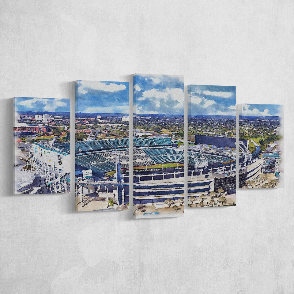 Jaguars Football Stadium TIAA Bank Field Watercolor, 5 Pieces, Multi Panel Canvas Prints Wall Art Decor