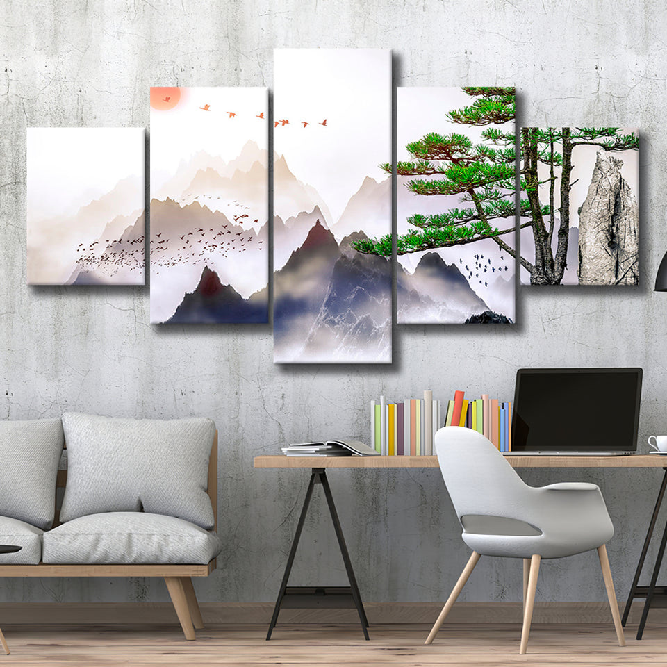 Japan Print Mountain 5 Piece Canvas Prints Wall Art Decor, Multi Panels, Mixed Canvas