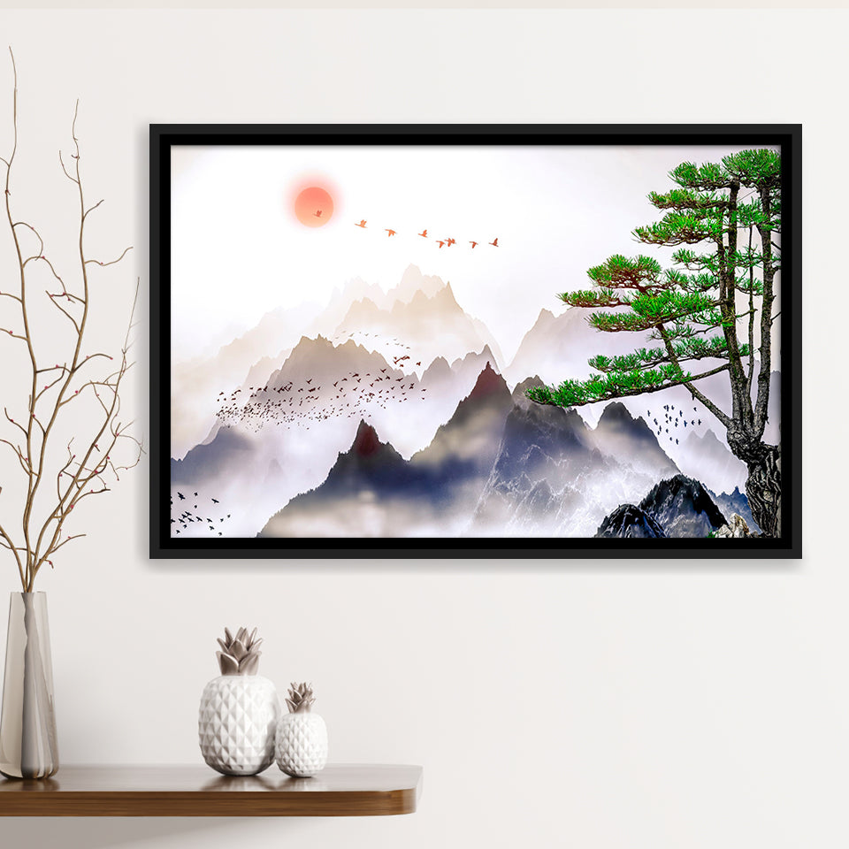 Japanese Mountain Art Print Framed Canvas Prints Wall Art Home Decor - Painting Canvas, Black Frame, Framed Picture