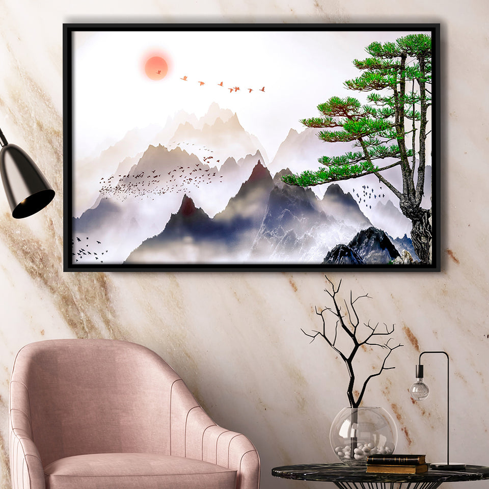 Japanese Mountain Art Print Framed Canvas Prints Wall Art Home Decor - Painting Canvas, Black Frame, Framed Picture