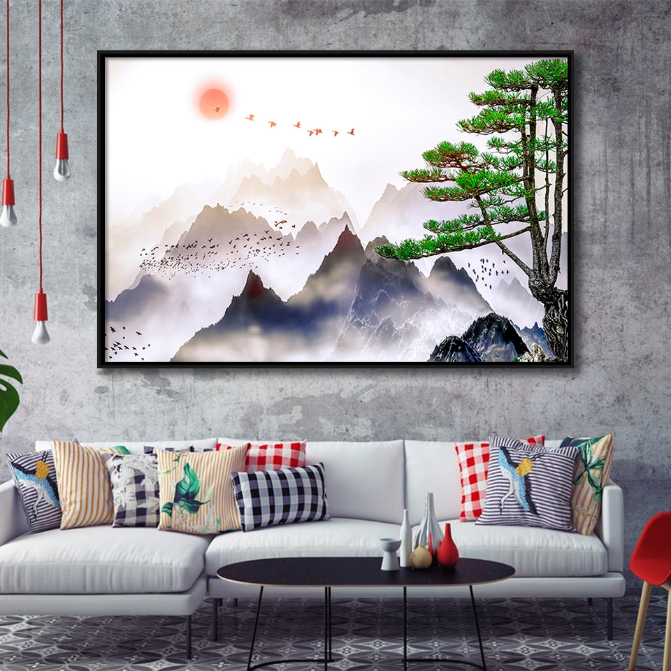 Japanese Mountain Art Print Framed Canvas Prints Wall Art Home Decor - Painting Canvas, Black Frame, Framed Picture