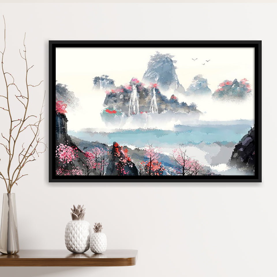 Japanese Sakura Canvas Landscape Framed Canvas Prints Wall Art Home Decor - Painting Canvas, Black Frame, Framed Picture