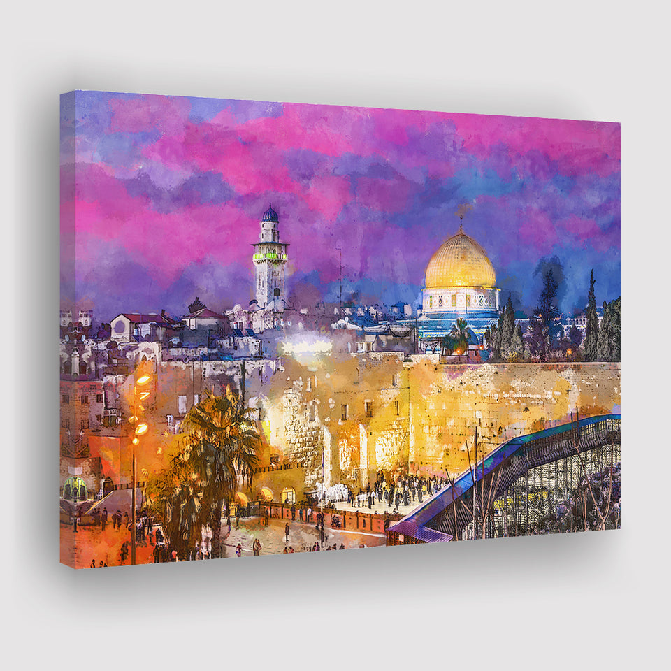 Jerusalem Israel Old City Western Wall City Art Watercolor Canvas Prints Wall Art Home Decor, Large Canvas