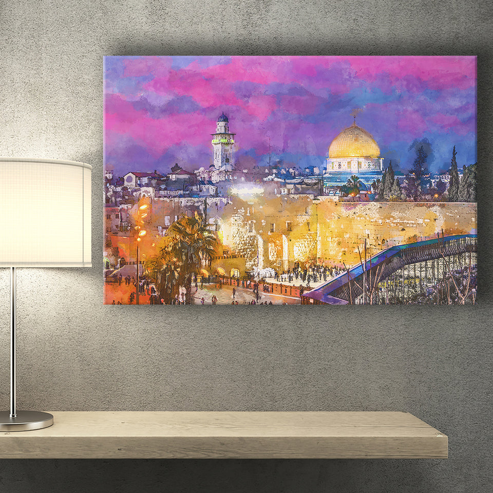 Jerusalem Israel Old City Western Wall City Art Watercolor Canvas Prints Wall Art Home Decor, Large Canvas