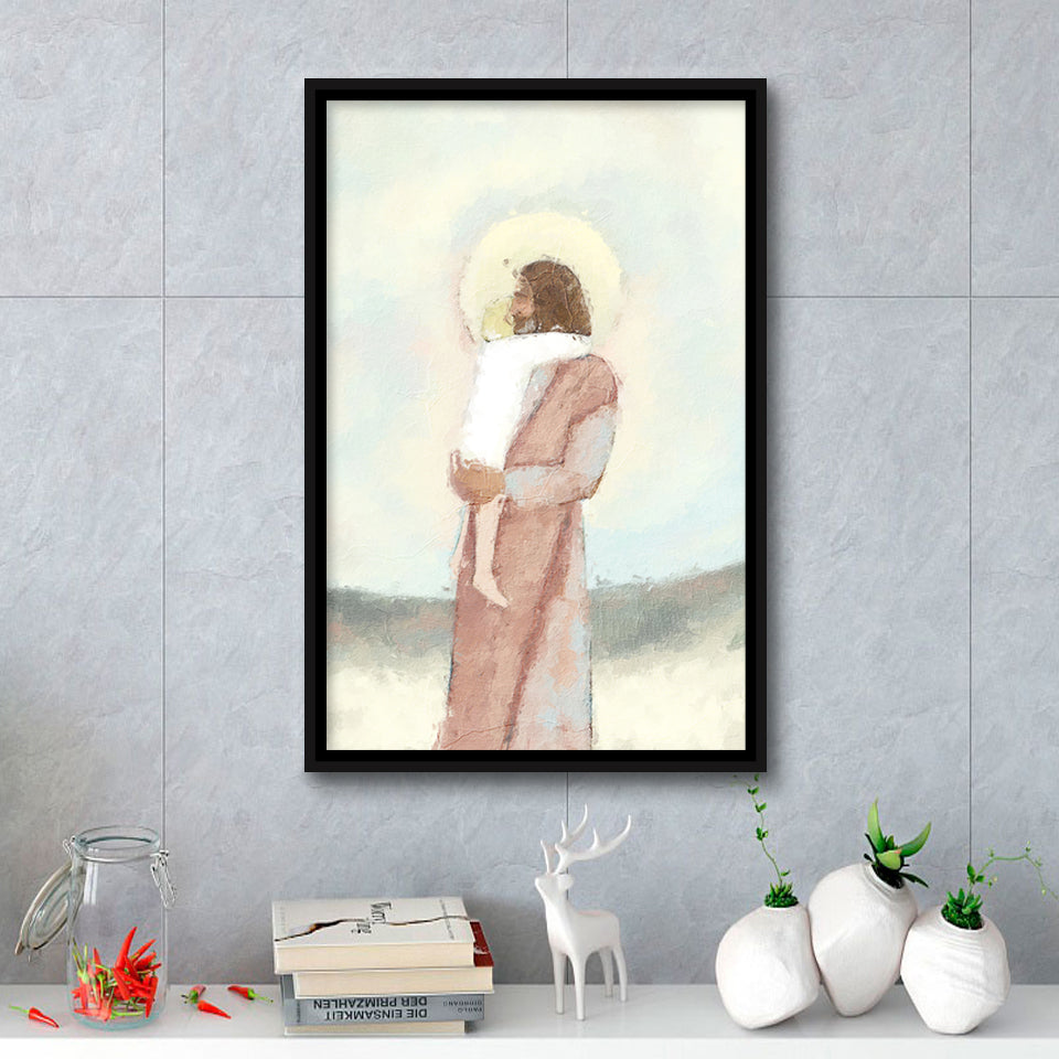 Jesus Christ Holding Child Childrens Nursery Baby Framed Canvas Prints Wall Art - Painting Canvas, Floating Frame, Wall Decor