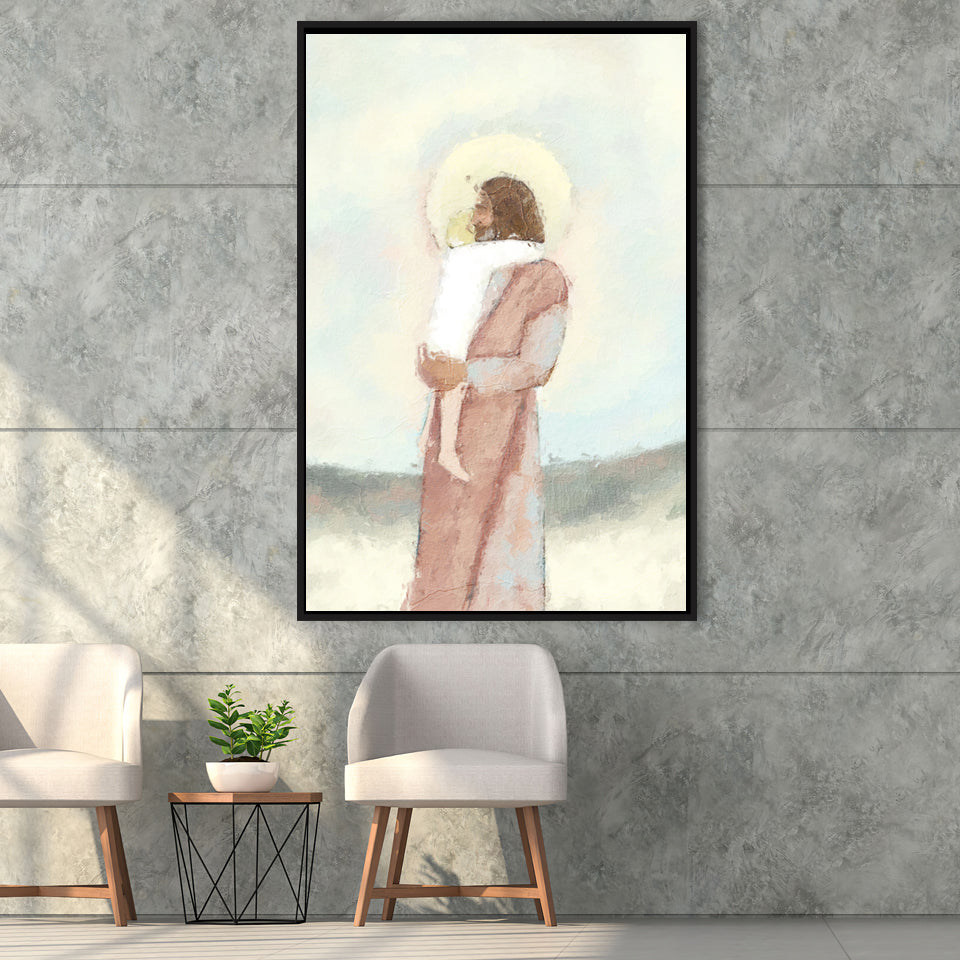 Jesus Christ Holding Child Childrens Nursery Baby Framed Canvas Prints Wall Art - Painting Canvas, Floating Frame, Wall Decor
