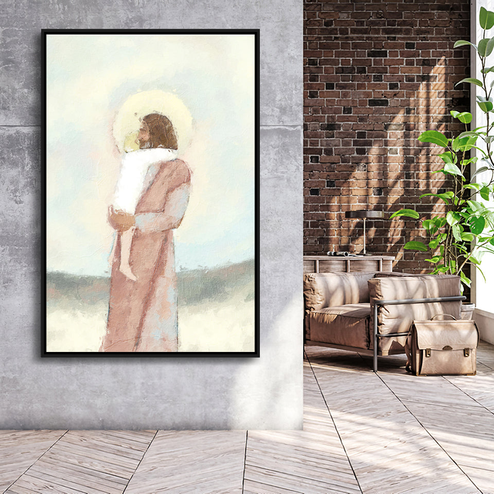 Jesus Christ Holding Child Childrens Nursery Baby Framed Canvas Prints Wall Art - Painting Canvas, Floating Frame, Wall Decor