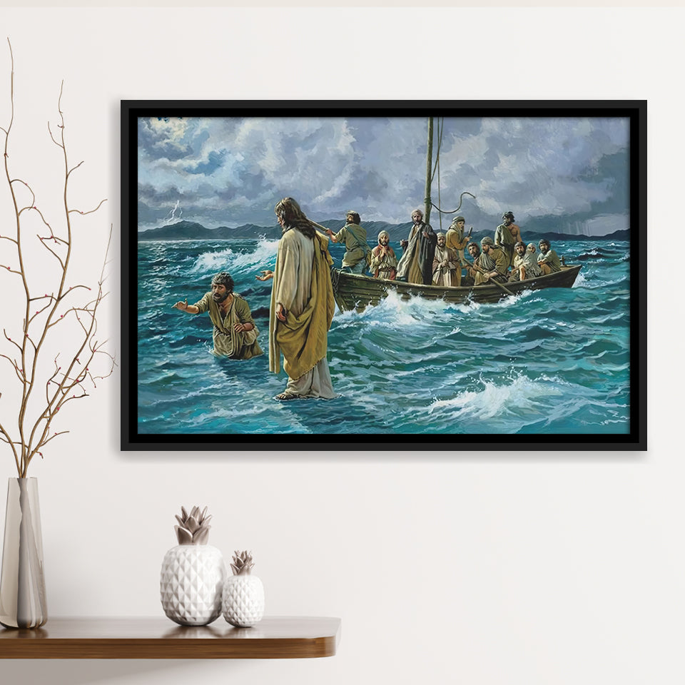 Jesus Christ Walking On Water Framed Canvas Prints Wall Art - Painting Canvas, Floating Frame, Wall Decor