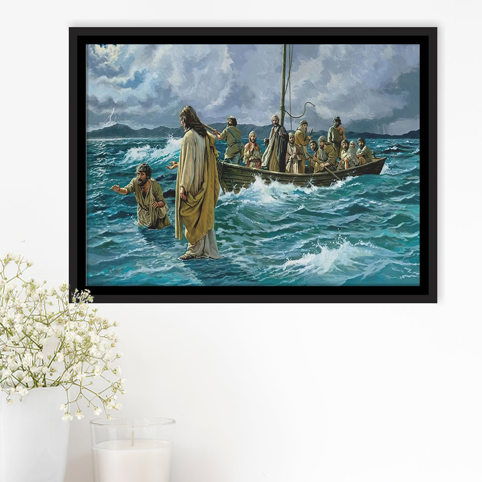 Jesus Christ Walking On Water Framed Canvas Prints Wall Art - Painting Canvas, Floating Frame, Wall Decor