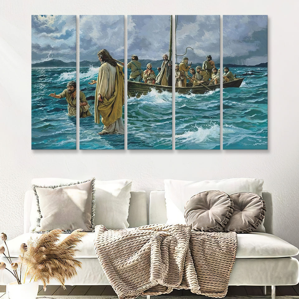 Jesus Christ Walking On Water 5 Pieces B Canvas Prints Wall Art - Painting Canvas, Multi Panel