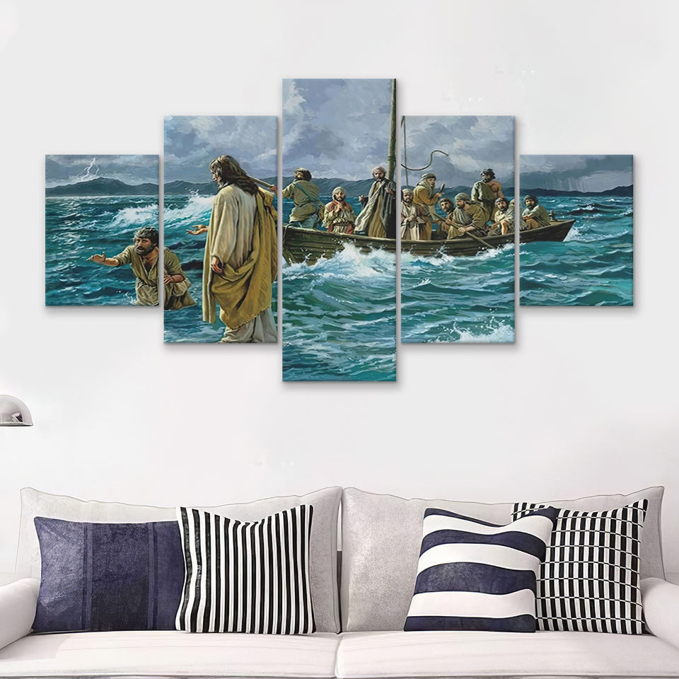 Jesus Christ Walking On Water 5 Pieces Canvas Prints Wall Art - Painting Canvas, Multi Panel