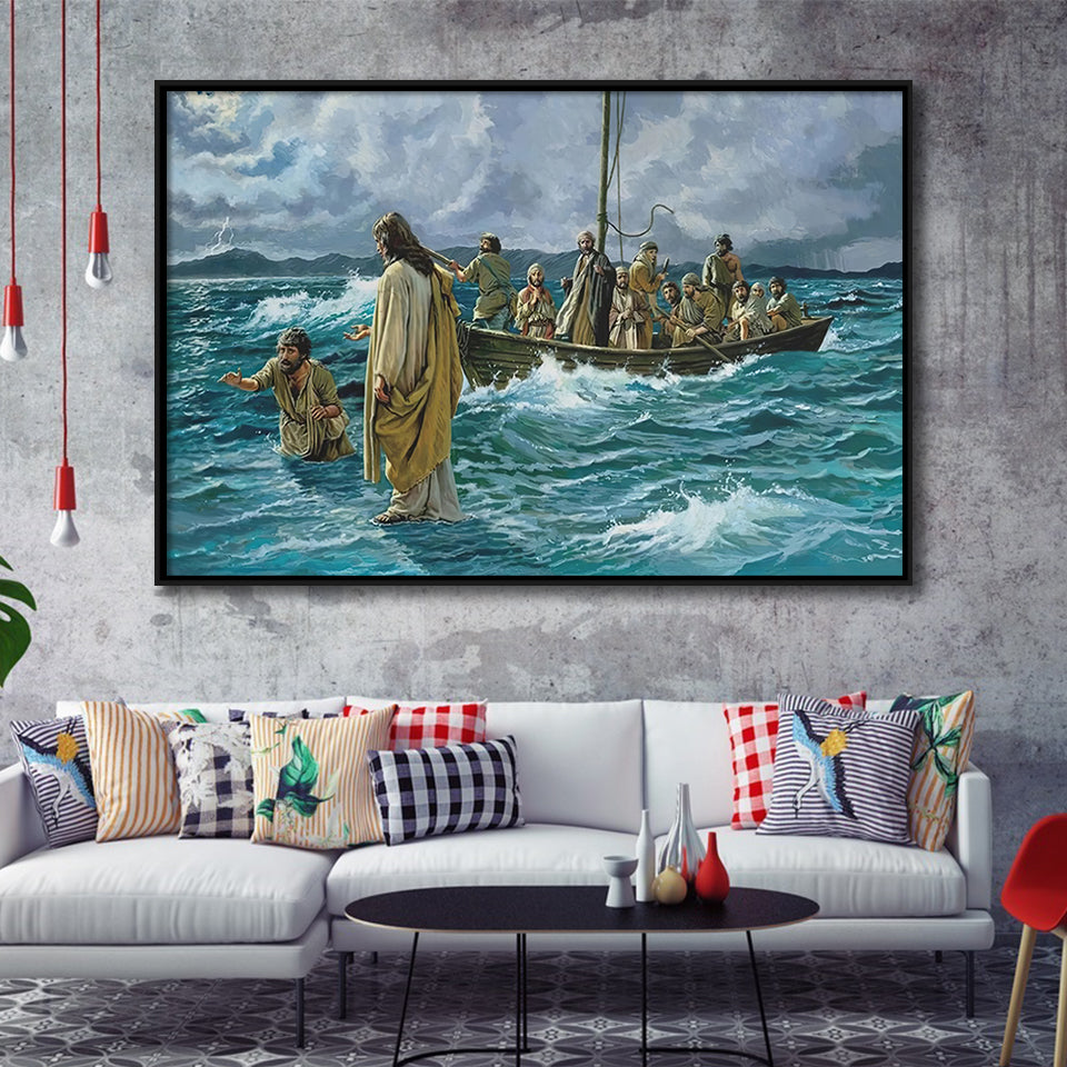 Jesus Christ Walking On Water Framed Canvas Prints Wall Art - Painting Canvas, Floating Frame, Wall Decor