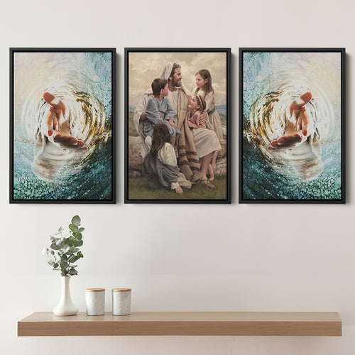 Jesus Give Me Your Hand Water Ocean Perfect Love Prints Wall Art Set of 3 Piece Framed Canvas Prints Wall Art Decor
