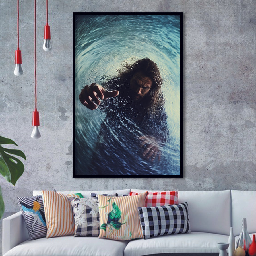 Jesus Give Me Your Hand Water Ocean V2 Framed Art Prints Wall Decor, Framed Picture, Large Picture