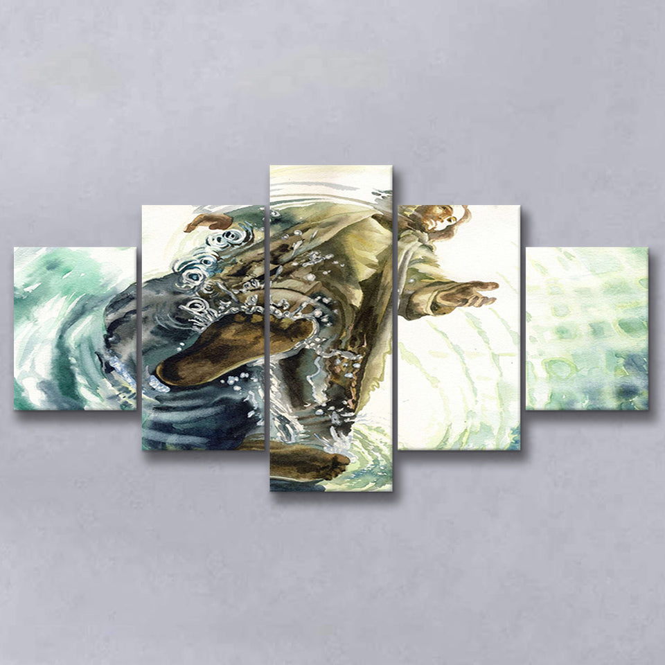 Jesus Give Me Your Hand Water Ocean Watercolor Painting, Multi Panels, 5 Pieces, Canvas Prints Wall Art Home Decor