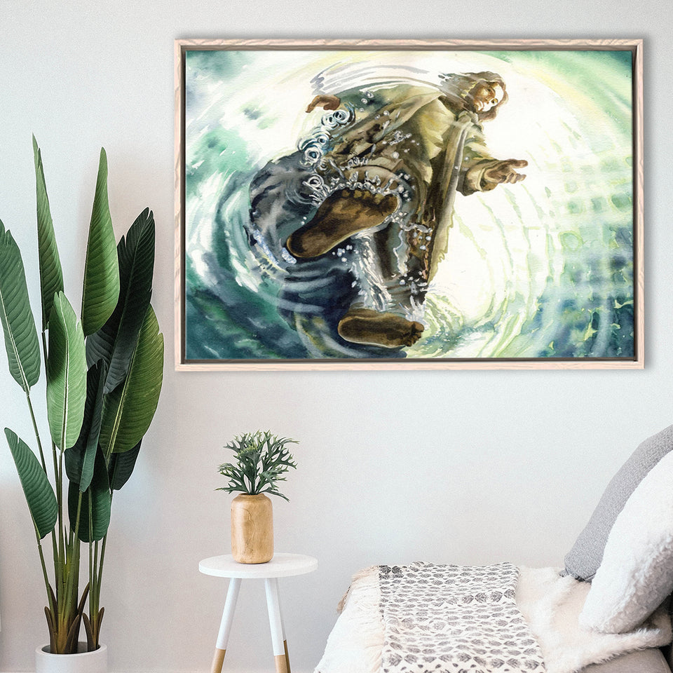 Jesus Give Me Your Hand Water Ocean Watercolor Painting, Framed Canvas Prints Wall Art Home Decor,Floating Frame, Ready to Hang