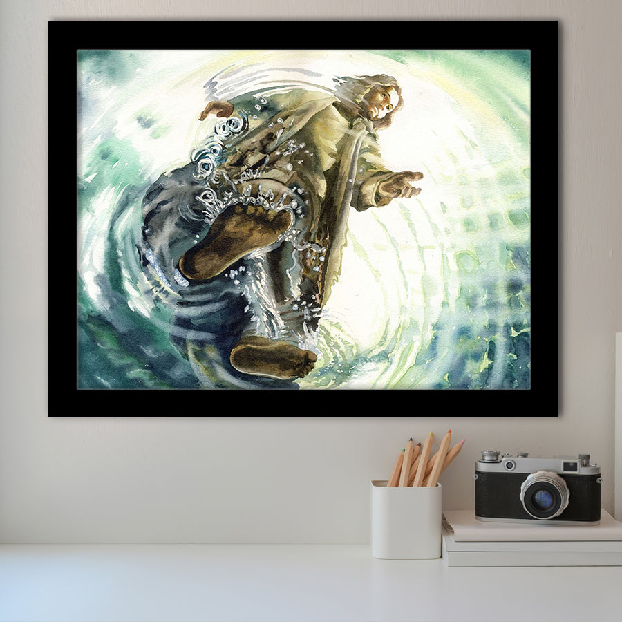 Jesus Give Me Your Hand Water Ocean Watercolor Painting, Framed Art Prints Wall Art Home Decor, Ready to Hang