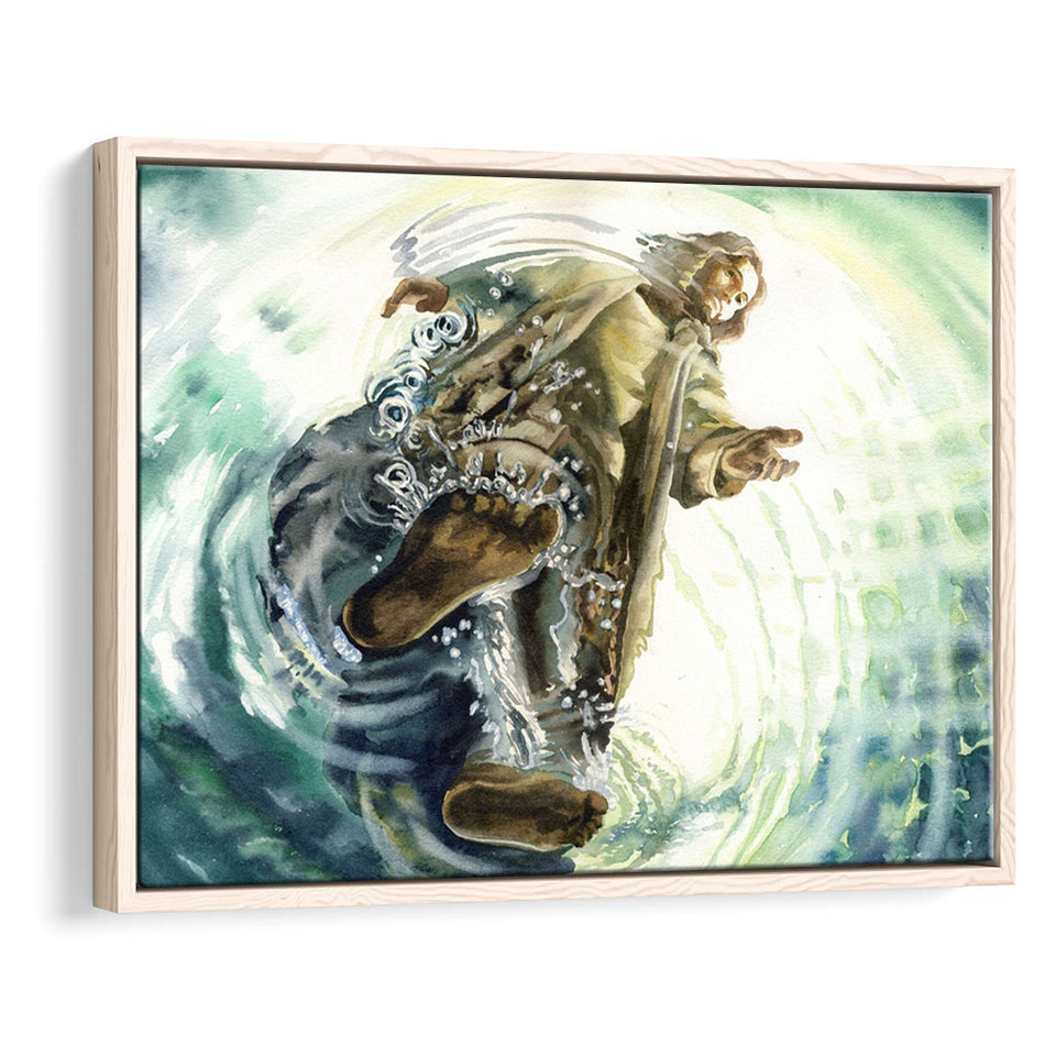 Jesus Give Me Your Hand Water Ocean Watercolor Painting, Framed Canvas Prints Wall Art Home Decor,Floating Frame, Ready to Hang