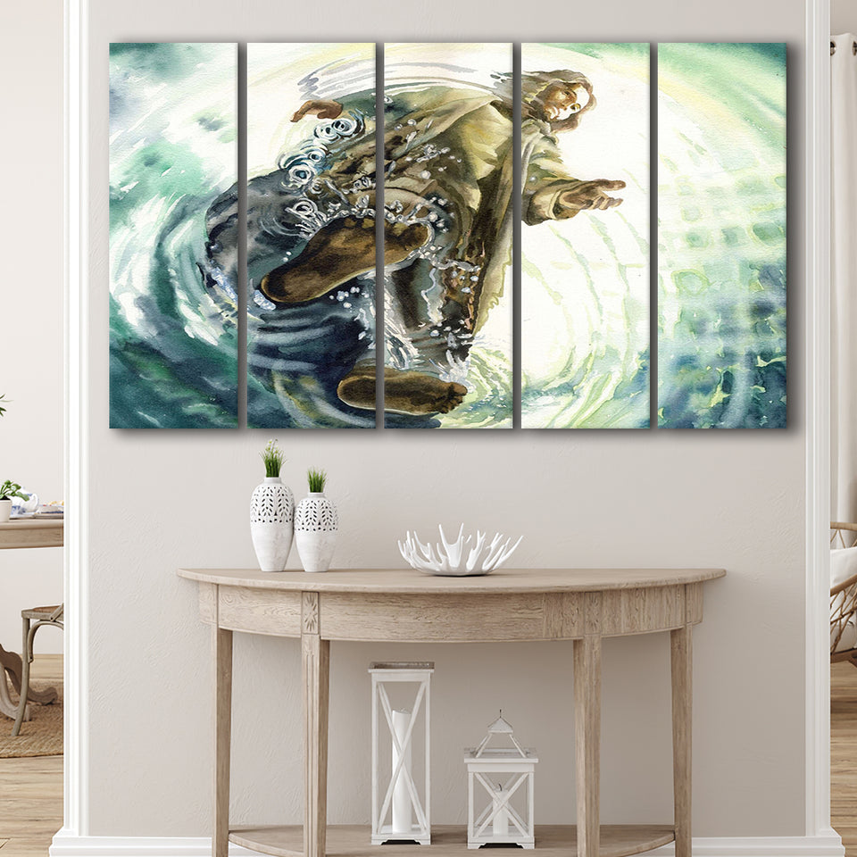 Jesus Give Me Your Hand Water Ocean Watercolor Painting, 5 Pieces B, Canvas Prints Wall Art Home Decor,X Large Canvas