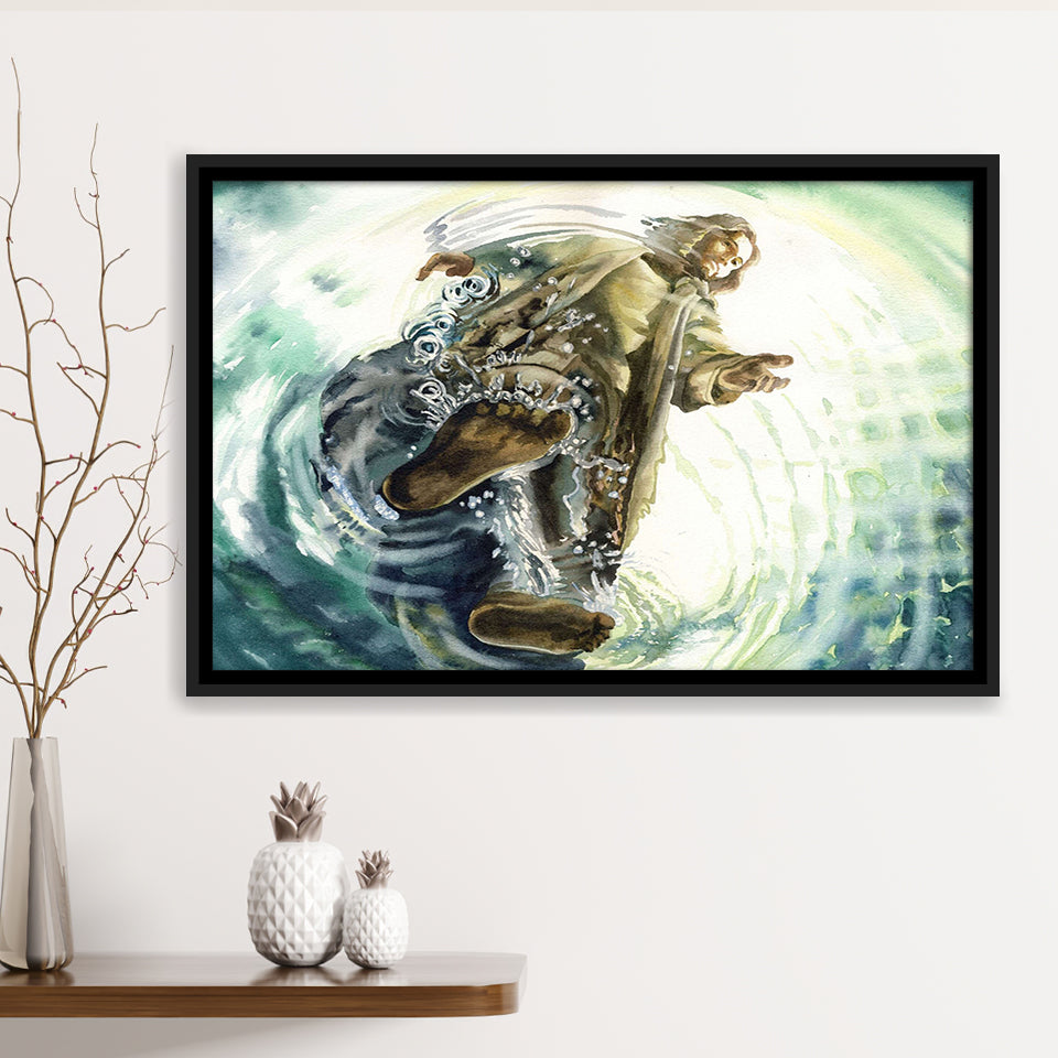 Jesus Give Me Your Hand Water Ocean Watercolor Painting, Framed Canvas Prints Wall Art Home Decor,Floating Frame, Ready to Hang