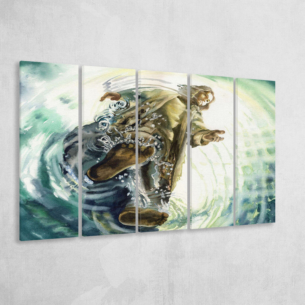 Jesus Give Me Your Hand Water Ocean Watercolor Painting, 5 Pieces B, Canvas Prints Wall Art Home Decor,X Large Canvas