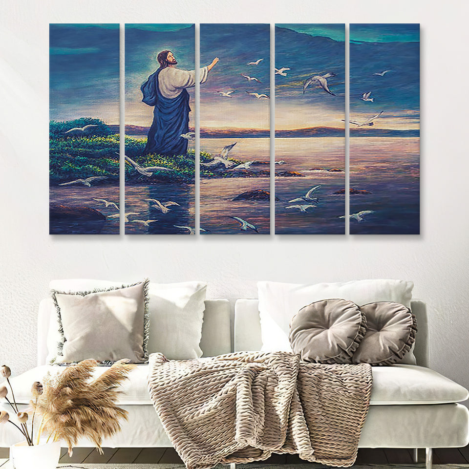 Jesus Standing By Sea 5 Pieces B Canvas Prints Wall Art - Painting Canvas, Multi Panels, Wall Decor