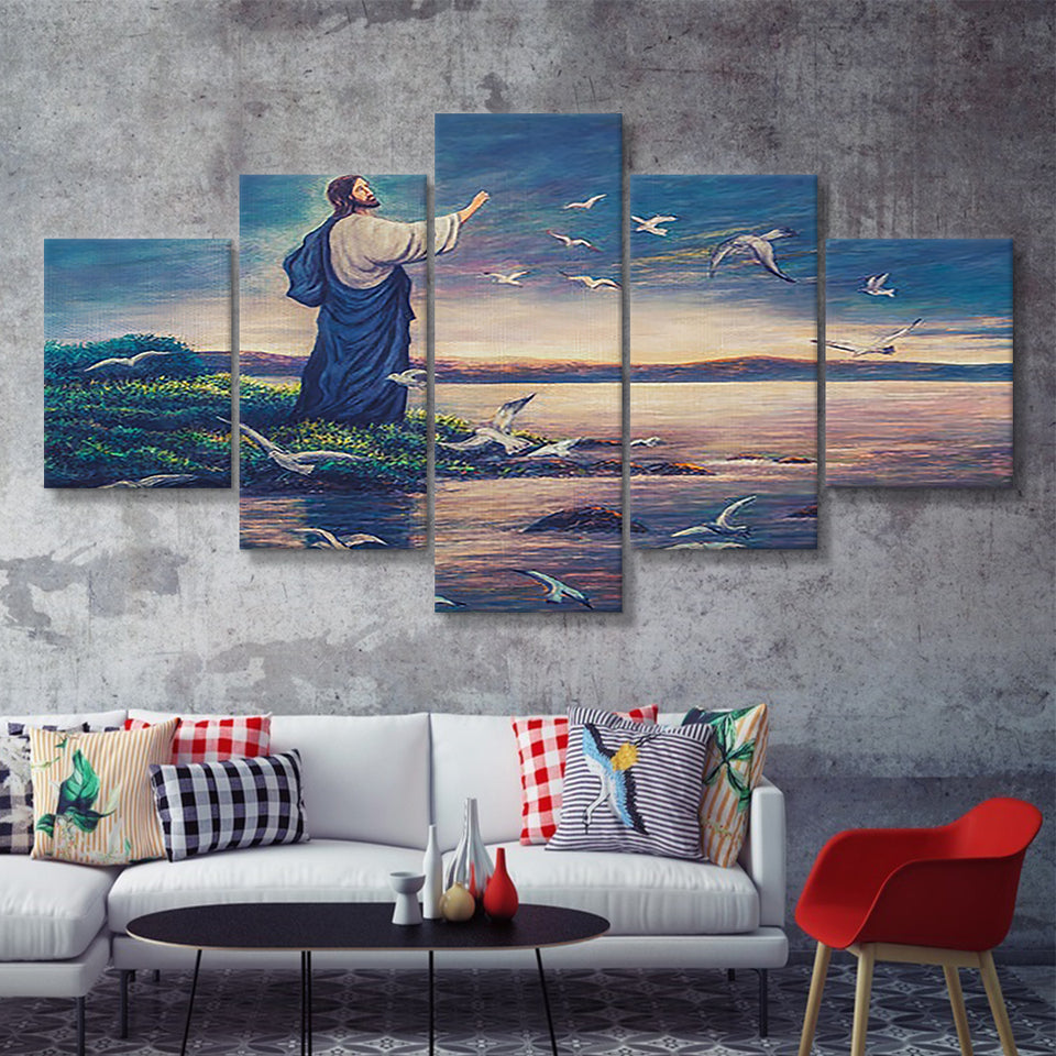 Jesus Standing By Sea 5 Pieces Canvas Prints Wall Art - Painting Canvas, Multi Panels, Wall Decor