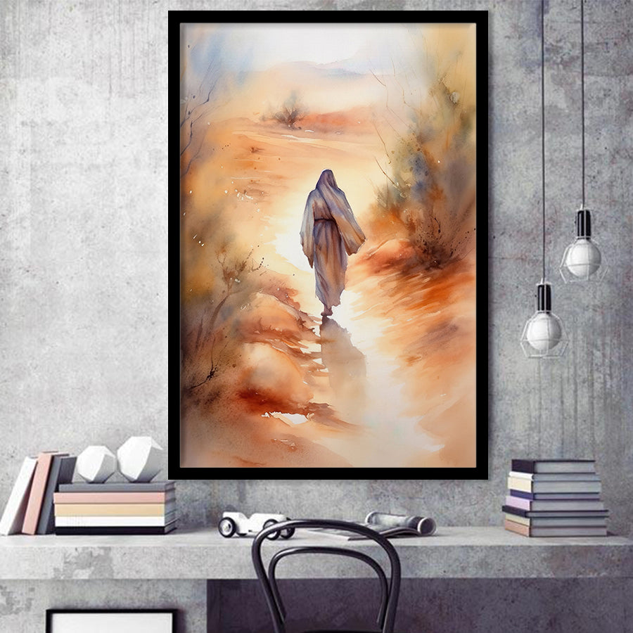 Jesus Walking In The Desert, Watercolor Painting Framed Art Prints Wall Decor, Framed Picture, Large Picture