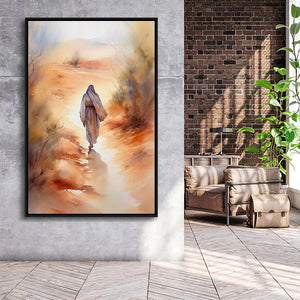 Jesus Walking In The Desert, Watercolor Painting Framed Canvas Prints Wall Art, Floating Frame, Large Canvas Home Decor