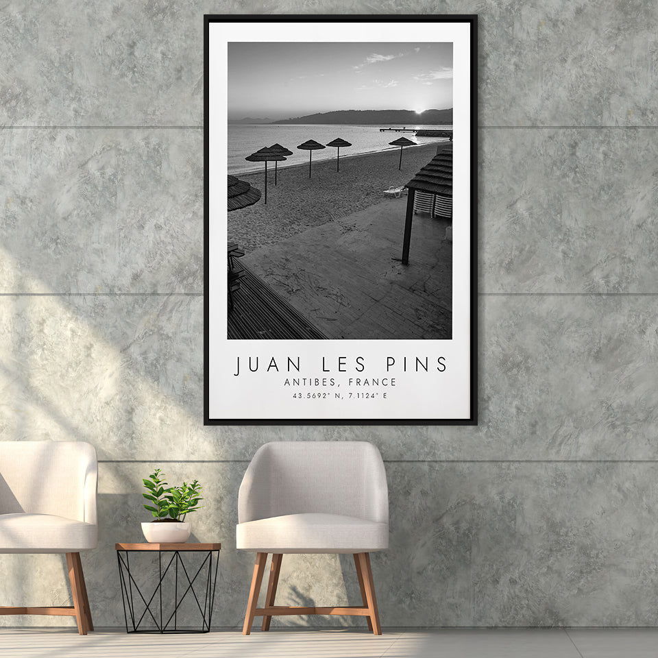 Juan Les Pins Black And White Art Framed Canvas Prints Wall Art Home Decor, Floating Frame