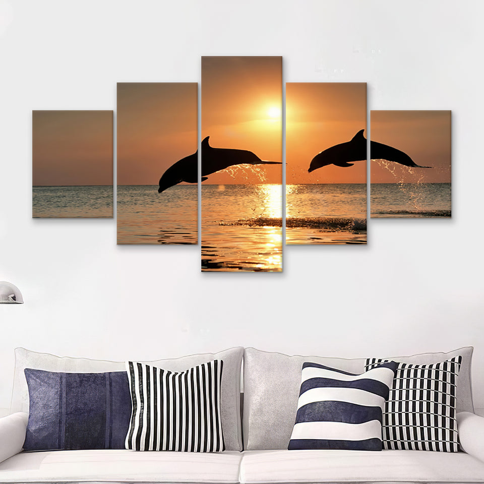 Jumping Dolphin In Sunset View 5 Pieces Canvas Prints Wall Art - Painting Canvas, Multi Panel, Wall Decor, Canvas Art