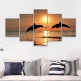Jumping Dolphin In Sunset View 5 Pieces Canvas Prints Wall Art - Painting Canvas, Multi Panel, Wall Decor, Canvas Art