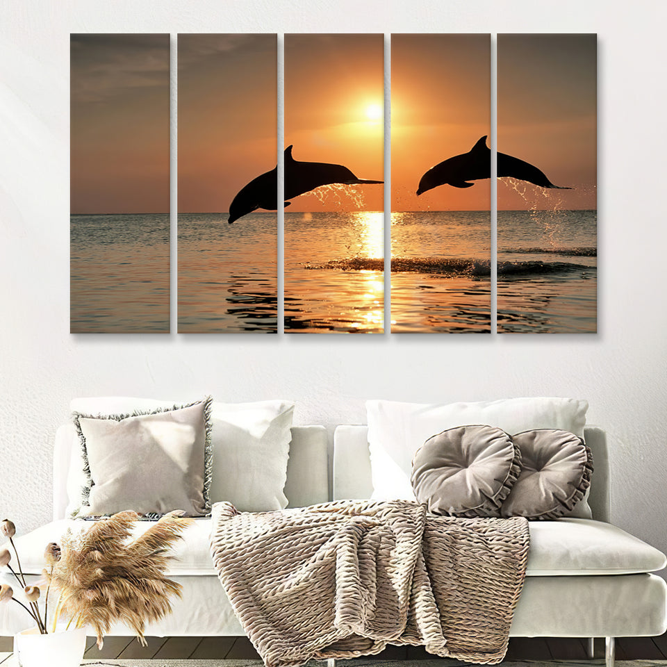 Jumping Dolphin In Sunset View 5 Pieces B Canvas Prints Wall Art - Painting Canvas, Multi Panel, Wall Decor, Canvas Art