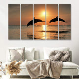 Jumping Dolphin In Sunset View 5 Pieces B Canvas Prints Wall Art - Painting Canvas, Multi Panel, Wall Decor, Canvas Art