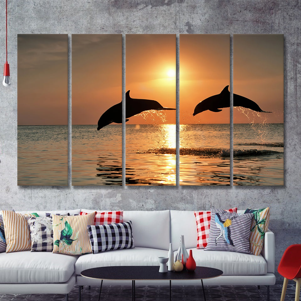 Jumping Dolphin In Sunset View 5 Pieces B Canvas Prints Wall Art - Painting Canvas, Multi Panel, Wall Decor, Canvas Art