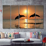 Jumping Dolphin In Sunset View 5 Pieces B Canvas Prints Wall Art - Painting Canvas, Multi Panel, Wall Decor, Canvas Art