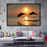 Jumping Dolphin In Sunset View Framed Canvas Prints Wall Art - Painting Canvas, Wall Decor, Canvas Art, Floating Frame
