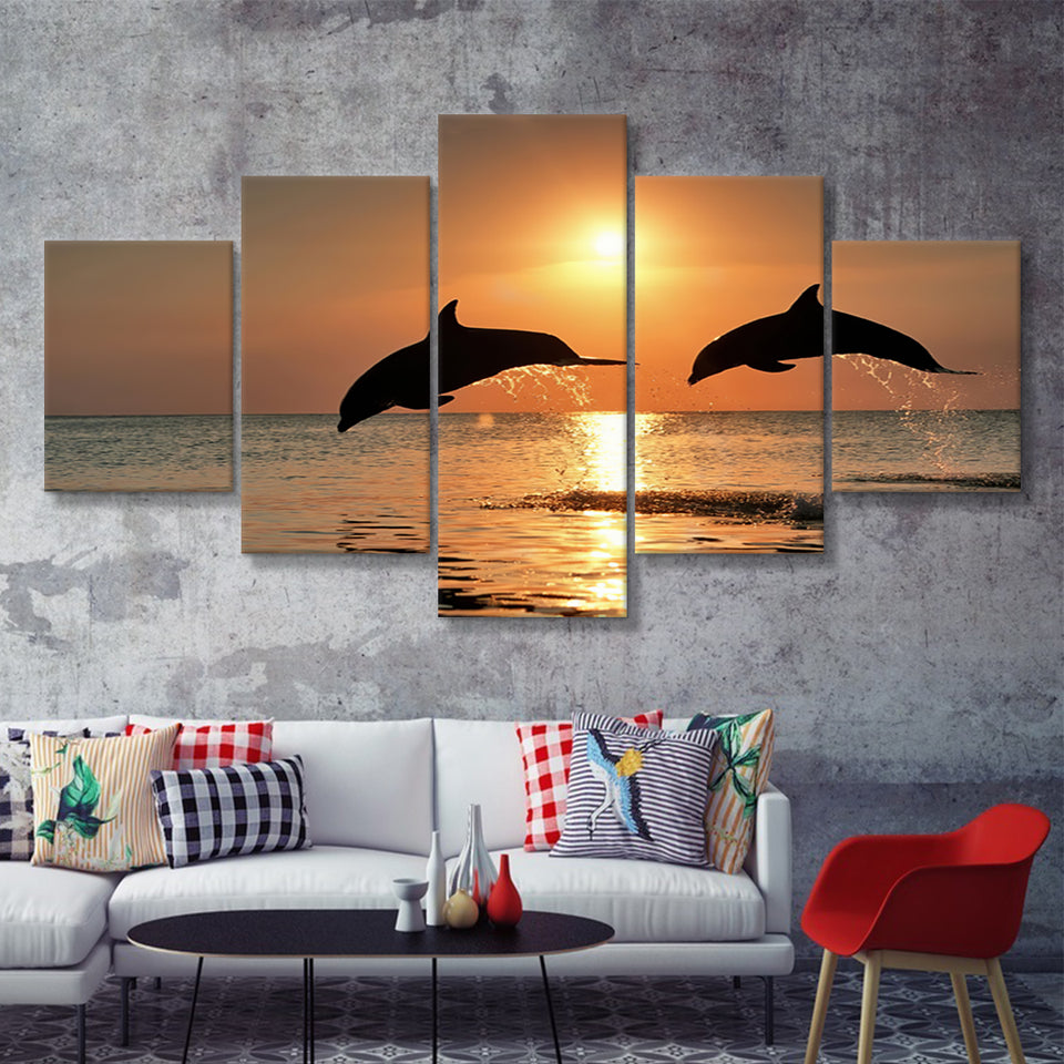 Jumping Dolphin In Sunset View 5 Pieces Canvas Prints Wall Art - Painting Canvas, Multi Panel, Wall Decor, Canvas Art