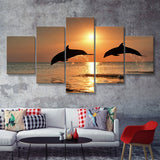 Jumping Dolphin In Sunset View 5 Pieces Canvas Prints Wall Art - Painting Canvas, Multi Panel, Wall Decor, Canvas Art