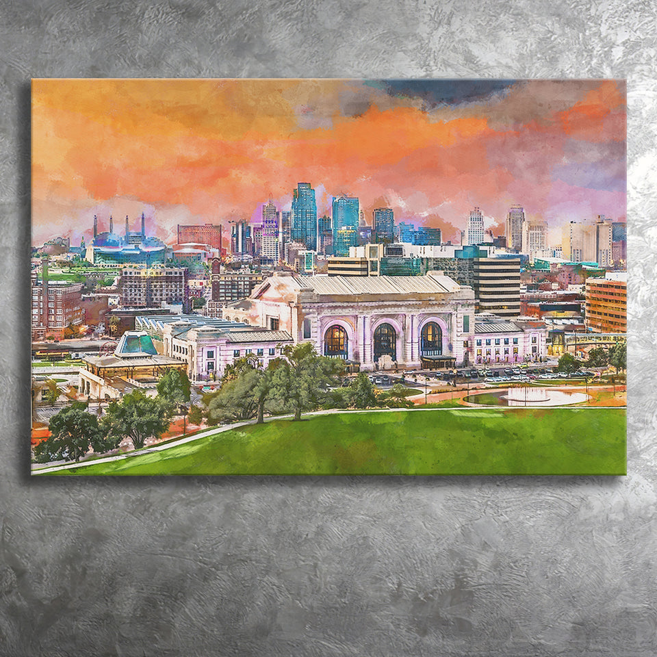 Kansas City Missouri Usa Downtown Skyline City Art Watercolor Canvas Prints Wall Art Home Decor, Large Canvas